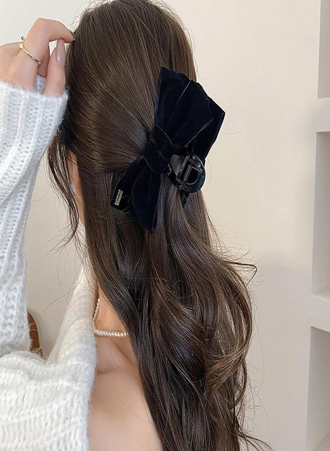 TUCEWP Black Bow Hair Clips for Women Girls 2Pcs Velvet Silky Satin Bow Claw Clip for Long Curly Thick Hair Strong Hold Bowknot Hair Barrettes Claw Jaw Nonslip Hair Catch Clamps Large Hair Accessories - Image 4